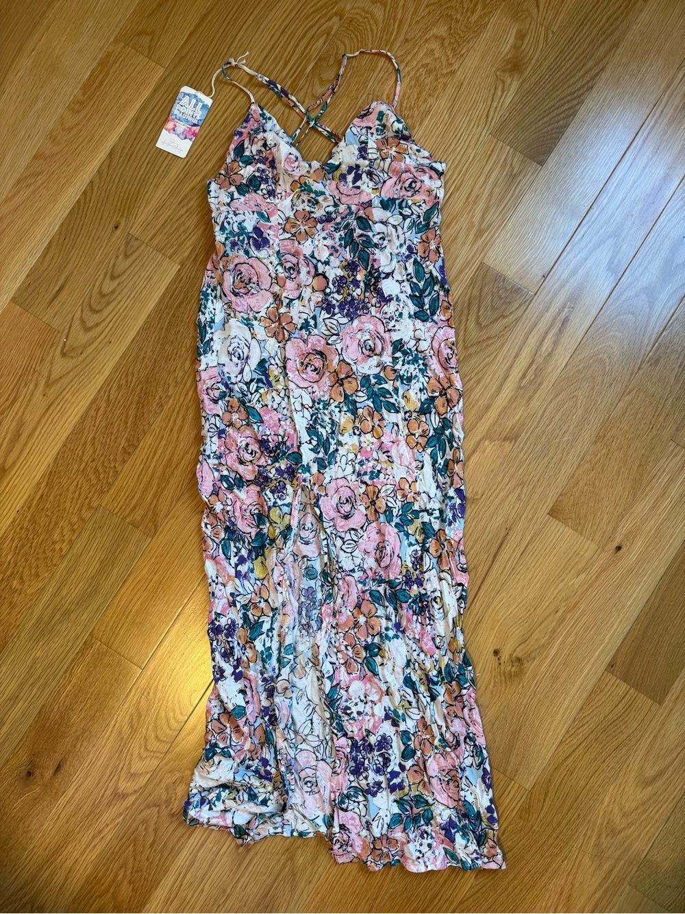 Skylar + Madison Pink Floral Midi Dress with Green & Purple Accents